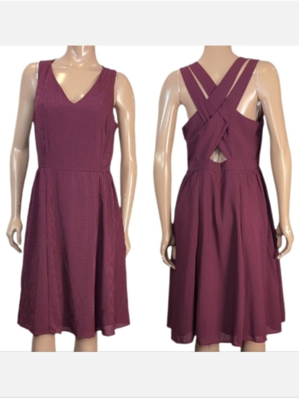 Rickis Burgundy Textured V-Neck Fit & Flare Dress Cross Back Gingham Size 10